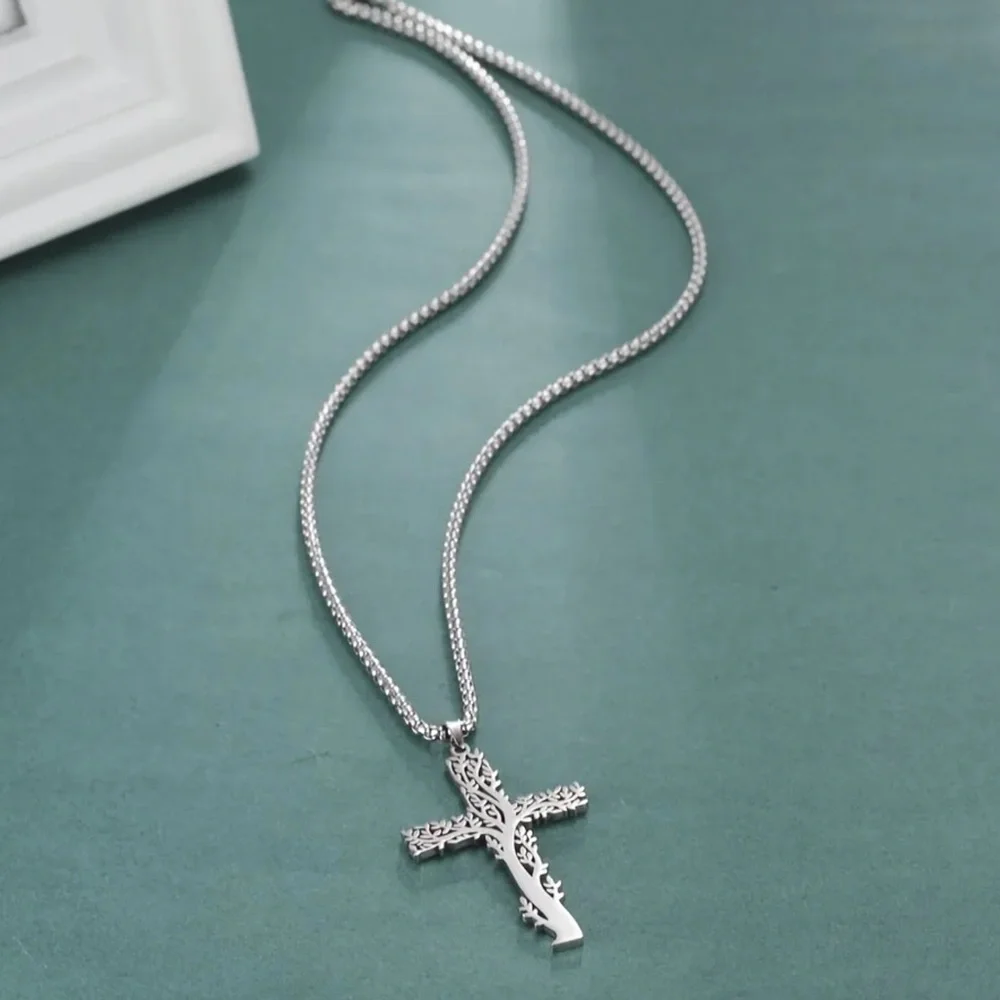 Stainless steel tree of life cross
